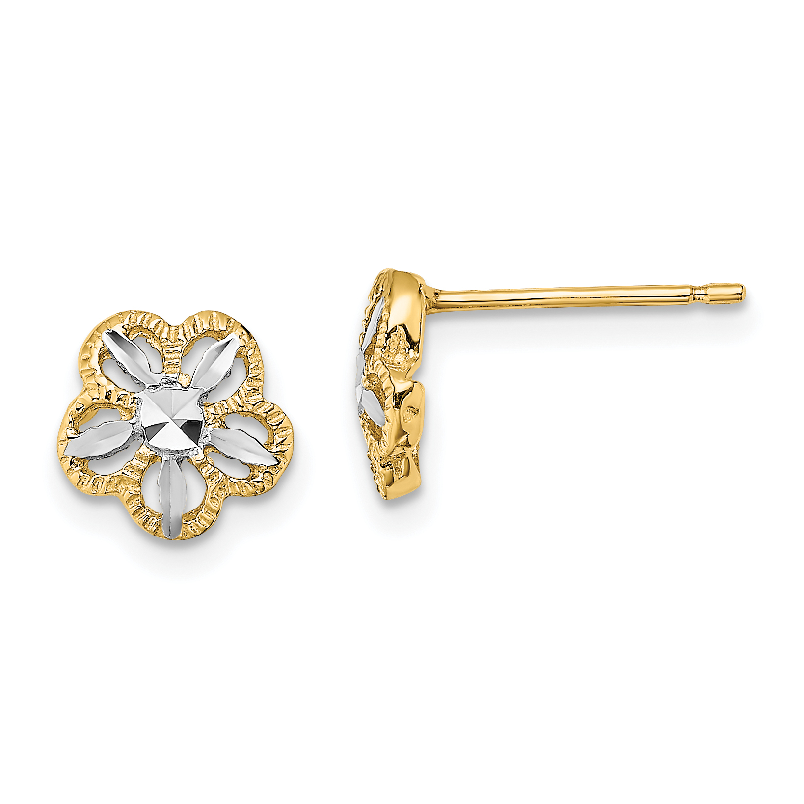 14K w/Rhodium Diamond-cut Flower Post Earrings (K4410)