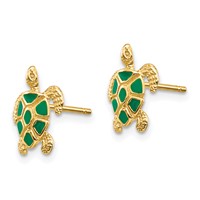 14K Yellow Gold Green Enameled Sea Turtle Post Earrings view 2