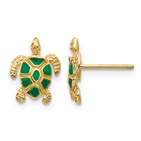 14K Yellow Gold Green Enameled Sea Turtle Post Earrings view 1