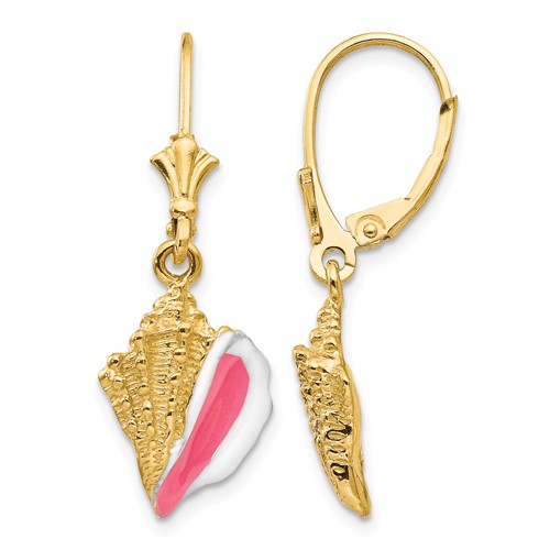 14K Yellow Gold Enameled Conch Shell Leverback Earrings