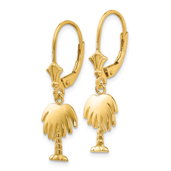 14K Polished Palm Tree Dangle Leverback Earrings