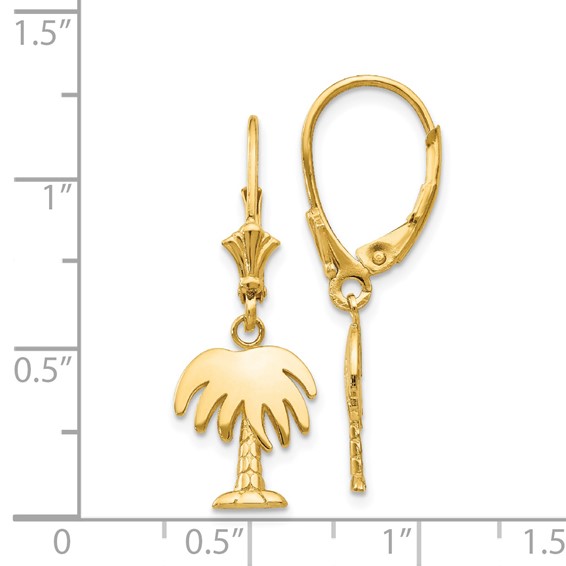 14K Polished Palm Tree Dangle Leverback Earrings