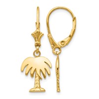 14K Yellow Gold Polished Palm Tree Dangle Leverback Earrings view 1