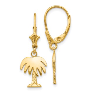 14K Polished Palm Tree Dangle Leverback Earrings