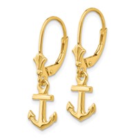 14K Yellow Gold Mini Anchor Dangle Leverback Earrings view 2