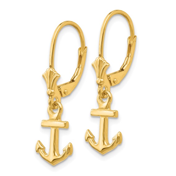 14K Mini Anchor Dangle Leverback Earrings