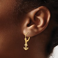 14K Yellow Gold Mini Anchor Dangle Leverback Earrings view 3