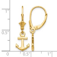 14K Yellow Gold Mini Anchor Dangle Leverback Earrings view 4