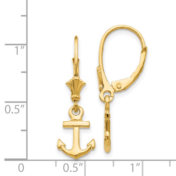 14K Mini Anchor Dangle Leverback Earrings