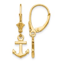 14K Yellow Gold Mini Anchor Dangle Leverback Earrings view 1