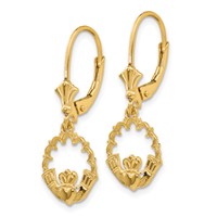 14K Yellow Gold Claddagh in Circle Dangle Leverback Earrings view 2