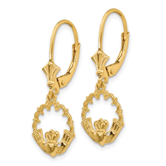 14K Claddagh in Circle Dangle Leverback Earrings