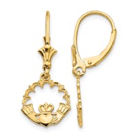 14K Yellow Gold Claddagh in Circle Dangle Leverback Earrings view 1