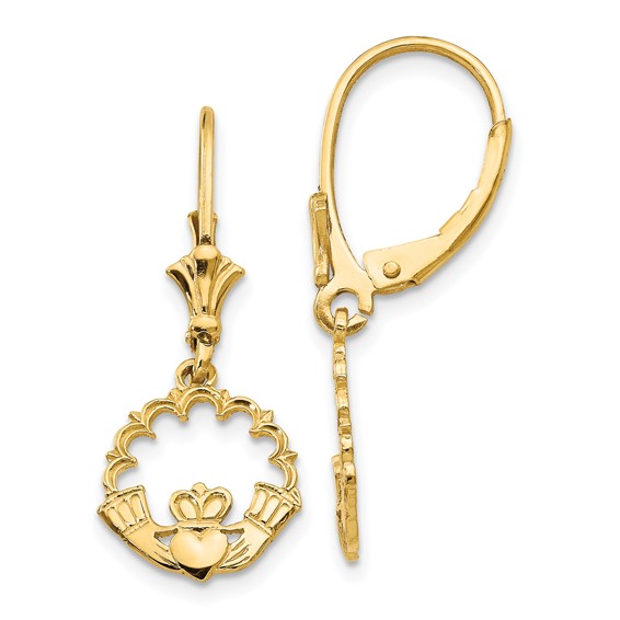 14K Claddagh in Circle Dangle Leverback Earrings