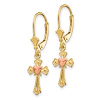 14K Two-tone Heart on Cross Dangle Leverback Earrings view 2