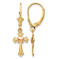 14K Two-tone Heart on Cross Dangle Leverback Earrings view 1