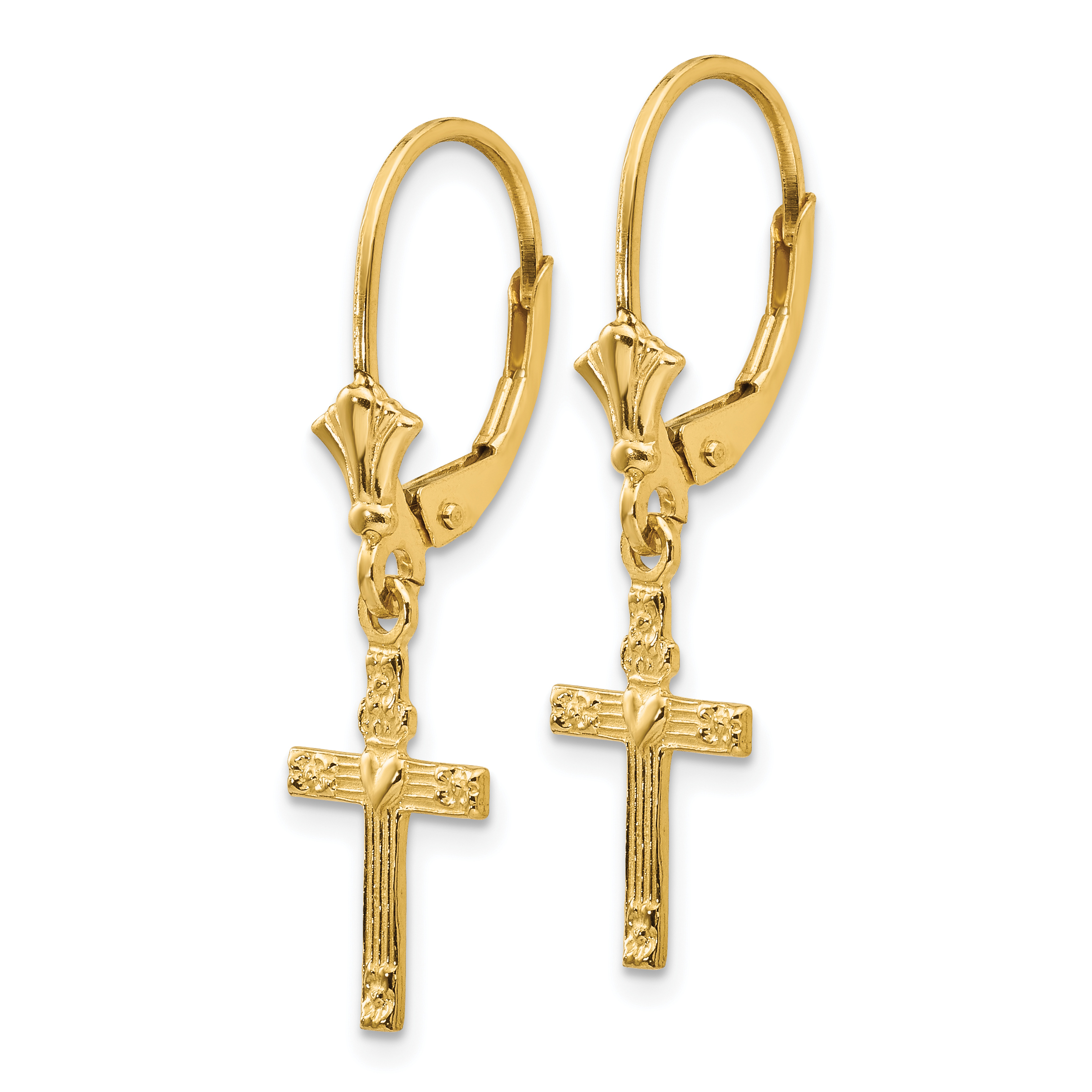 14k Yellow Gold Mini Cross Religious Heart Leverback Earrings Lever ...