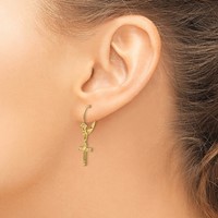 14K Yellow Gold Cross Earrings with Heart Dangle Leverback view 3