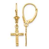 14K Yellow Gold Cross Earrings with Heart Dangle Leverback view 1