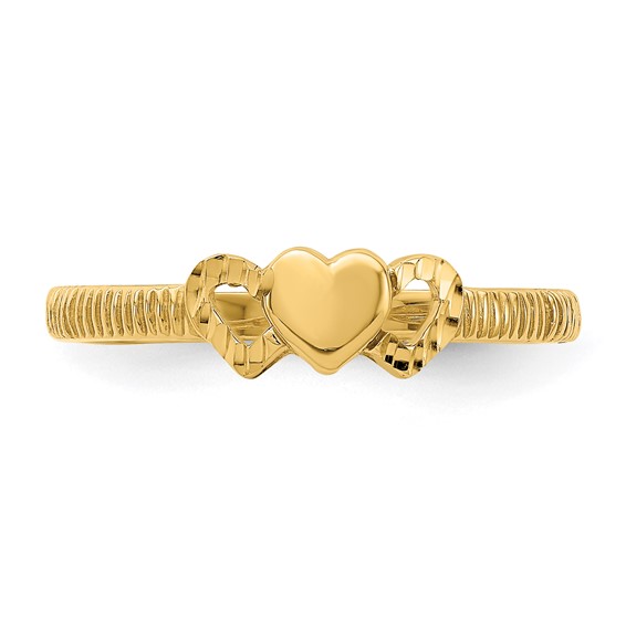 14K Solid Heart with Diamond-cut Hearts Ring