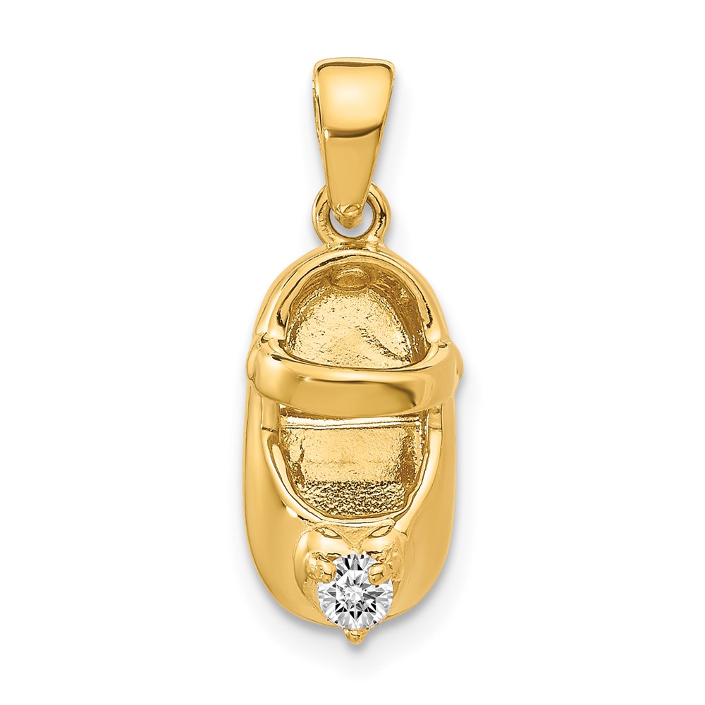 14K Yellow Gold 3-D April Clear Synthetic Stone Engravable Baby Shoe Charm