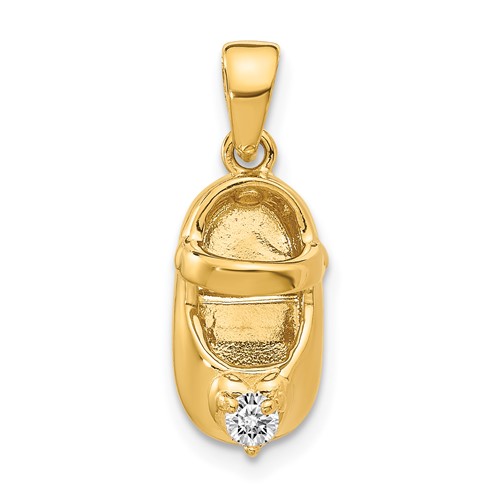 14K Yellow Gold 3-D April Clear Synthetic Stone Engravable Baby Shoe Charm