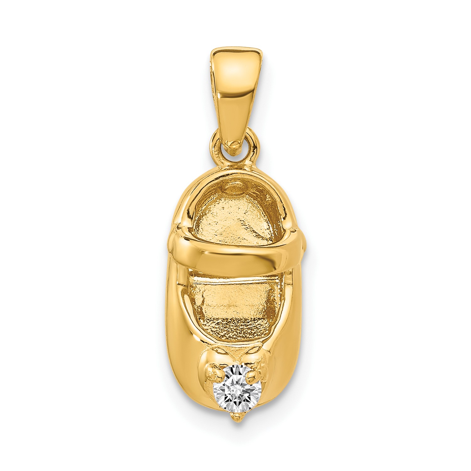 14k Yellow Gold 3 D April White Zircon Engrave Baby Shoe Pendant Thumbnails To Enlarge