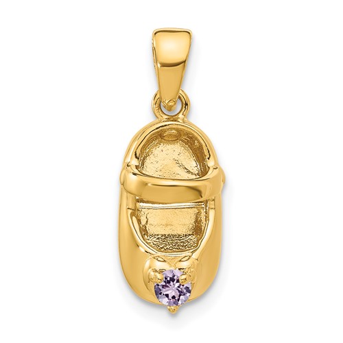14K Yellow Gold 3-D June Light Purple Synthetic Stone Engravable Baby Shoe Charm