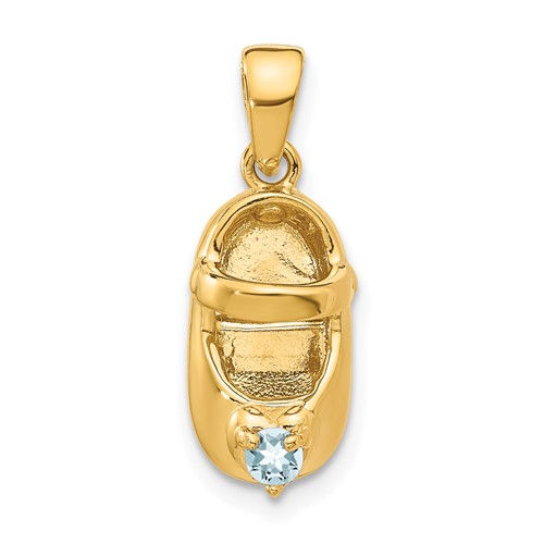 14K Yellow Gold 3-D March Light Blue Synthetic Stone Engravable Baby Shoe Charm