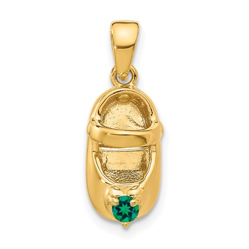 14K Yellow Gold 3-D May Green Synthetic Stone Engravable Baby Shoe Charm