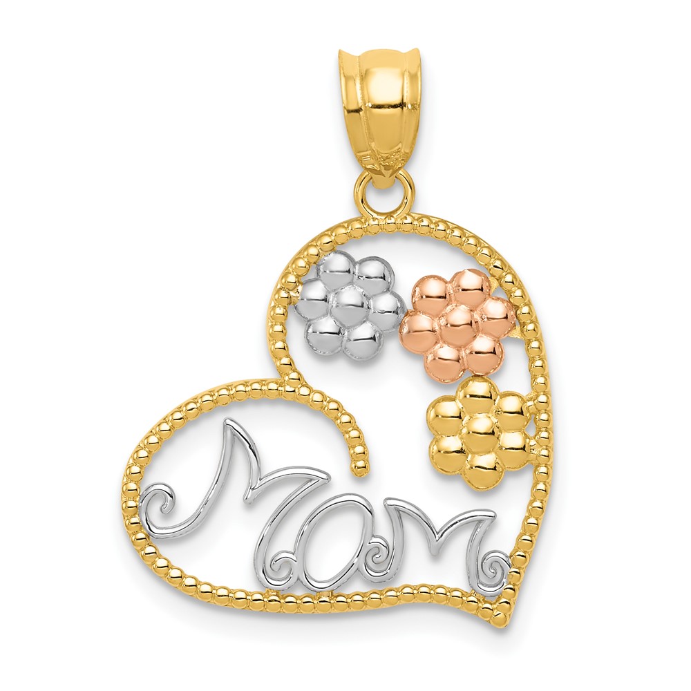 14K Tricolor Mom and Flowers Heart Pendant