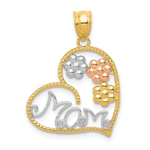 14K Tricolor Mom and Flowers Heart Pendant