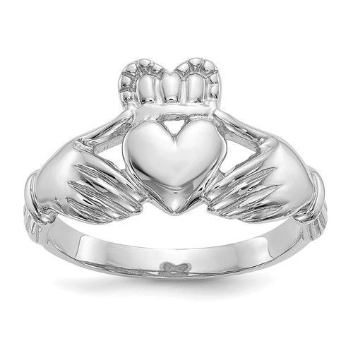 14K White Gold Mens Polished Claddagh Ring