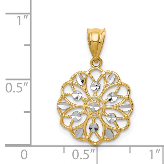 14K and White Rhodium Diamond-Cut Round Pendant