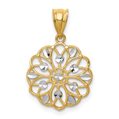 14K and White Rhodium Diamond-Cut Round Pendant