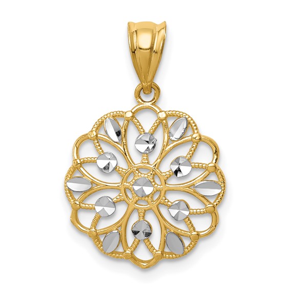 14K and White Rhodium Diamond-Cut Round Pendant