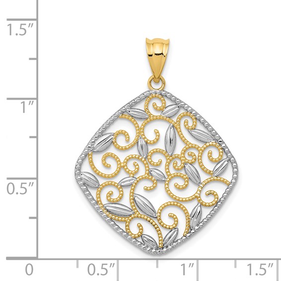 14K and White Rhodium Diamond-Cut Filigree Swirl Pendant