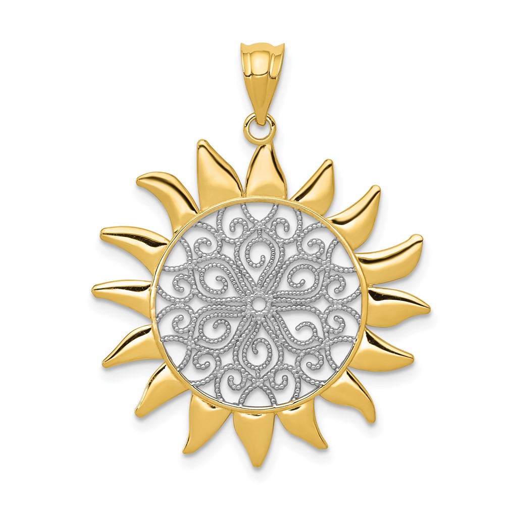 14K and White Rhodium Filigree Sun Pendant