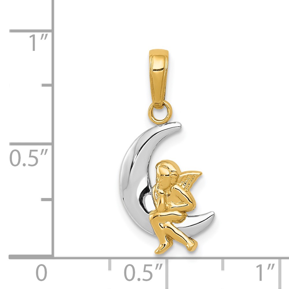 14k and Rhodium Polished Moon w/ Angel Pendant (K4816)