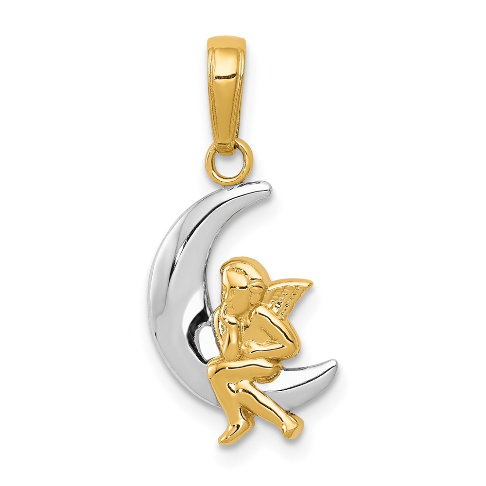 14k and Rhodium Polished Moon w/ Angel Pendant (K4816)