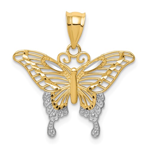 14K and White Rhodium Diamond-cut Butterfly Pendant