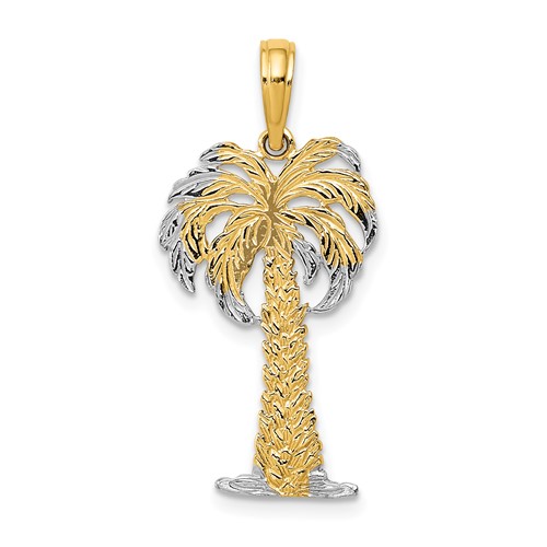 14K and White Rhodium Polished and Textured Palm Tree Pendant