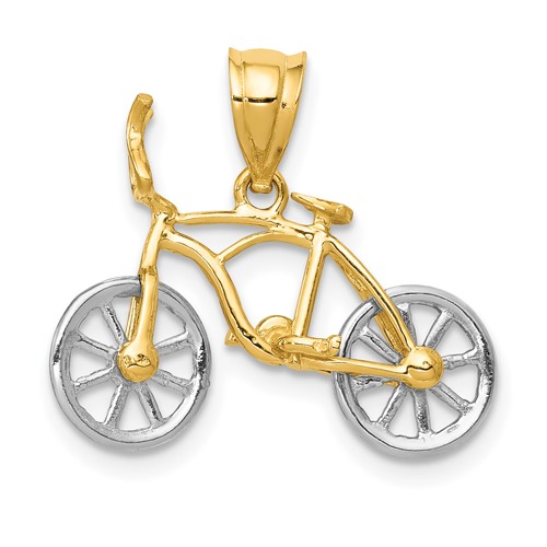 14K Two-tone 3-D Bicycle Pendant with Moveable Wheels