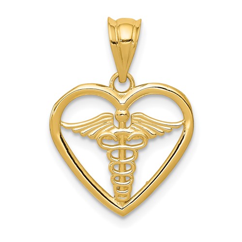 14K Yellow Gold Caduceus Heart Medical Pendant