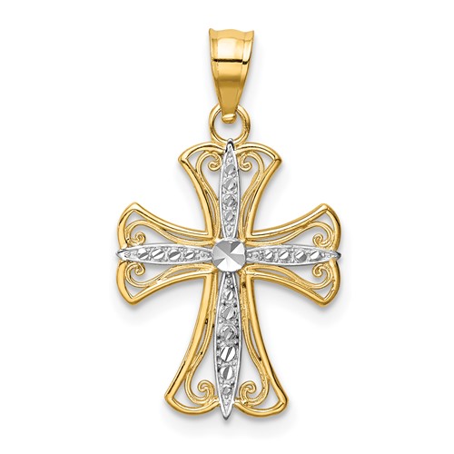 14K and White Rhodium Diamond-cut Cross Pendant