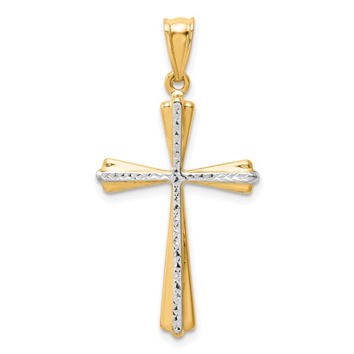 14K and White Rhodium Diamond Cut Cross Pendant