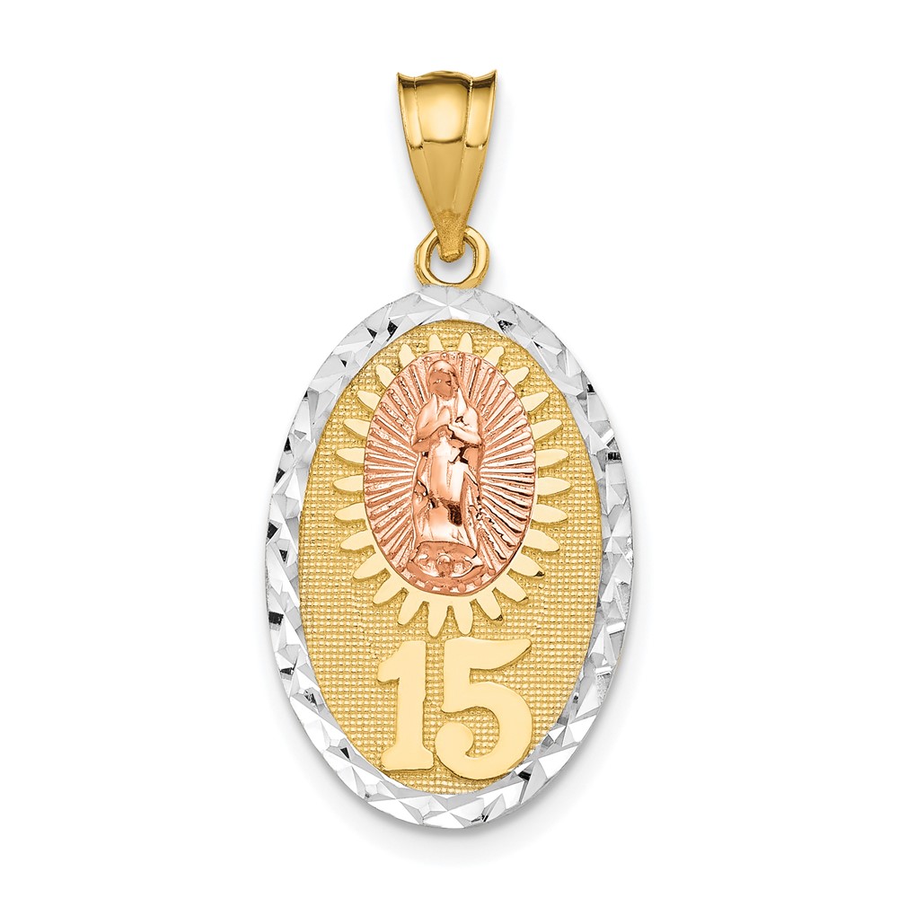 14K Two-tone Pendant with White Rhodium Solid Our Lady of Guadalupe 15 Oval
