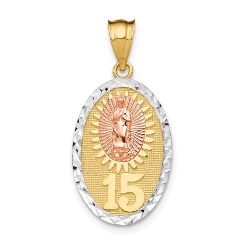 14K Two-tone Pendant with White Rhodium Solid Our Lady of Guadalupe 15 Oval