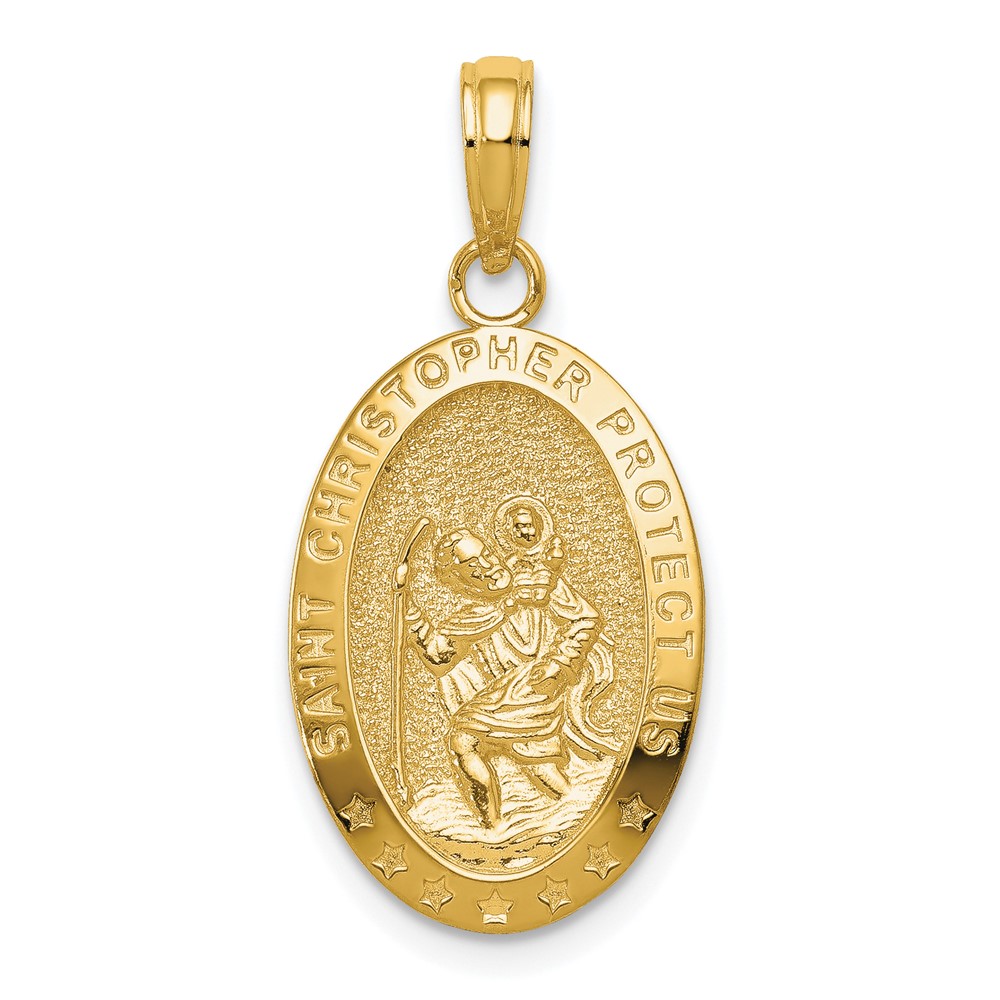14K Yellow Gold Polished Solid Saint Christopher Medal Oval Pendant