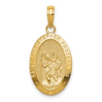 14K Yellow Gold Polished Solid Saint Christopher Medal Oval Pendant view 1